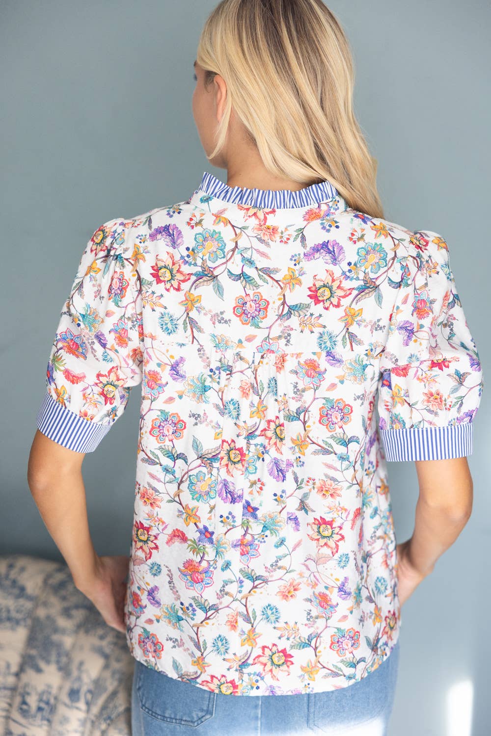 Contrast Stripe Band Quarter Button Down Floral Top