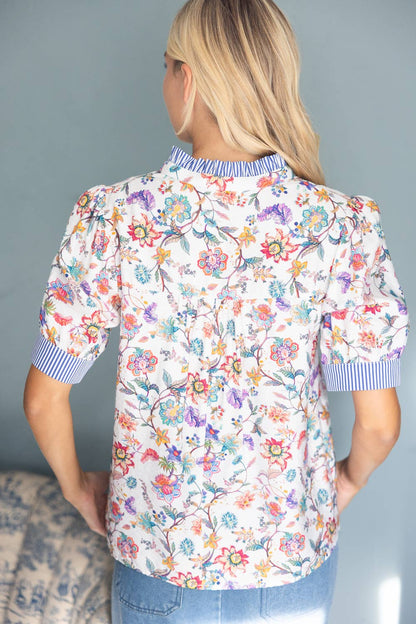 Contrast Stripe Band Quarter Button Down Floral Top