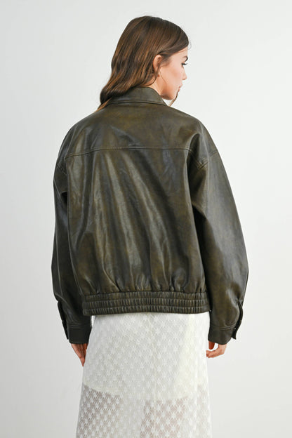 Collared Zip-Front Leather Jacket
