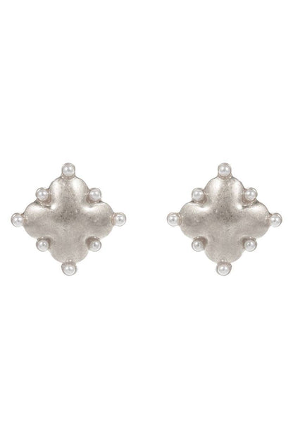 Clover Domed W Pearl Accent Titanium Post Earrings