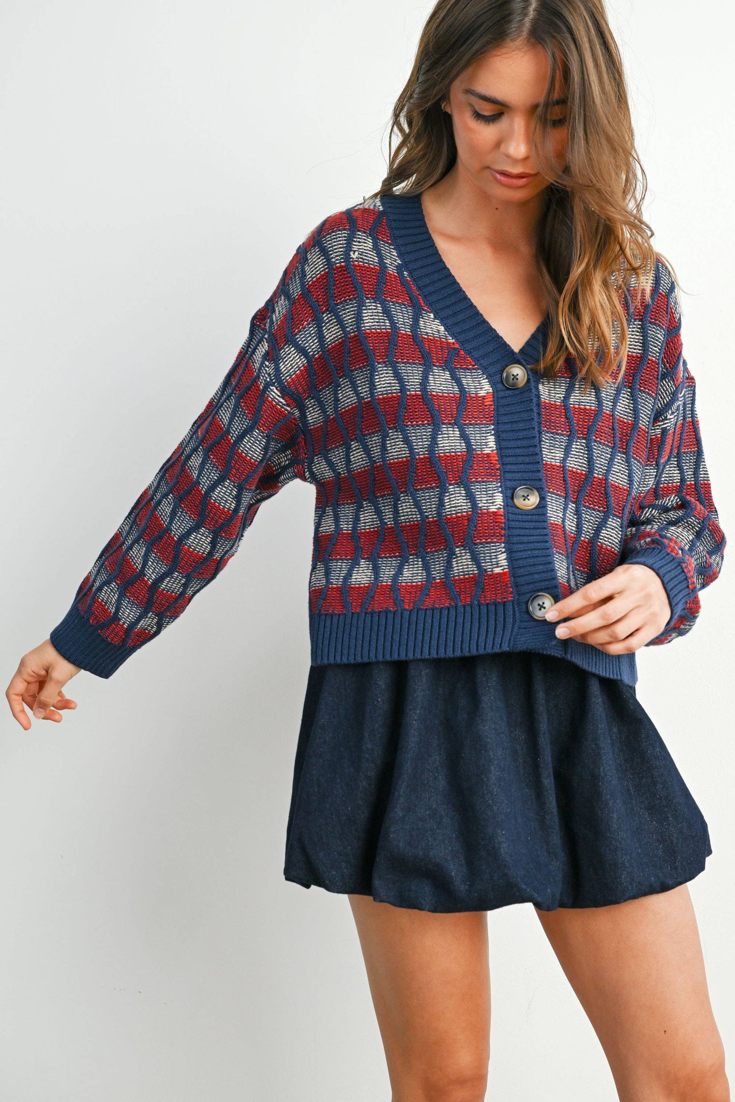 Geometric V-Neck Button-Down Long Sleeve Top