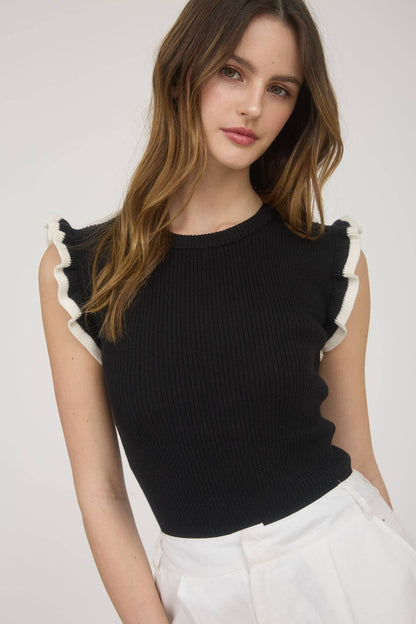 CONTRAST RUFFLE SLEEVE SWEATER KNIT TOP