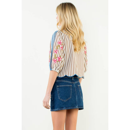 Puff Sleeve Striped Embroidery Detail Top