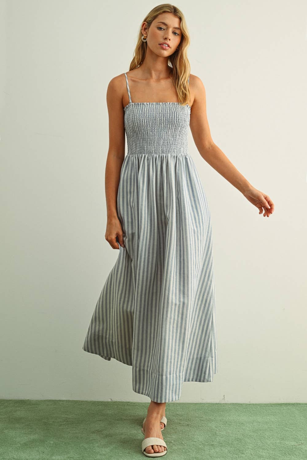 STRIPED FABRIC WITH SMOCKING TOP MAXI DRESS