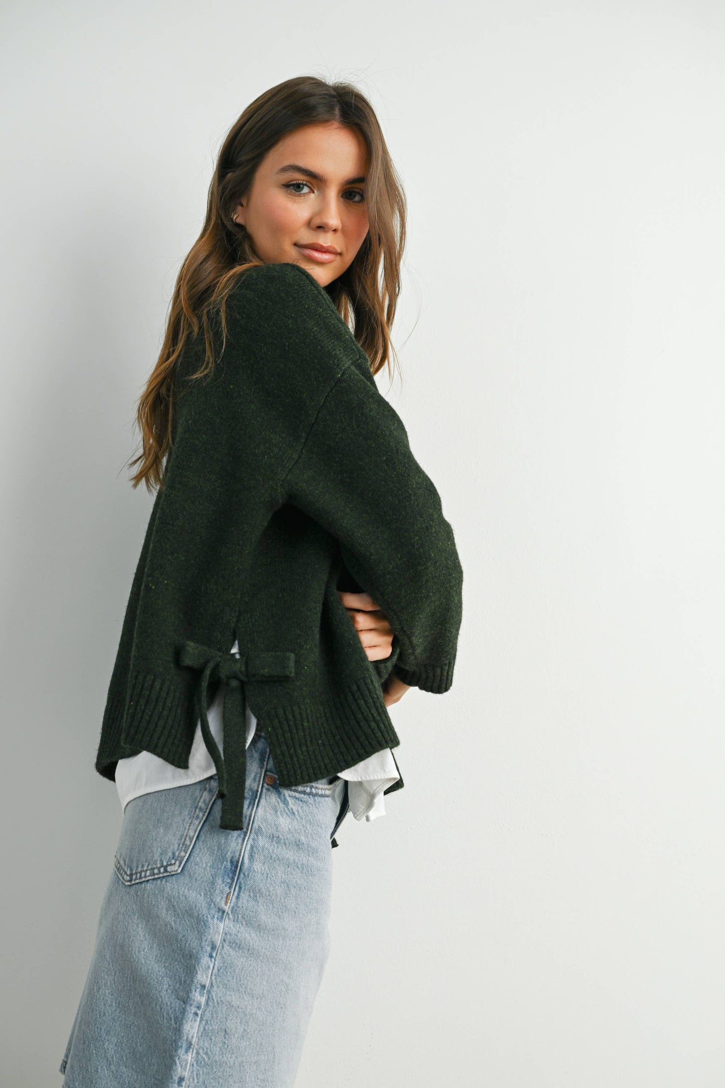 Tie Split-Hem Crewneck Long Sleeve Top