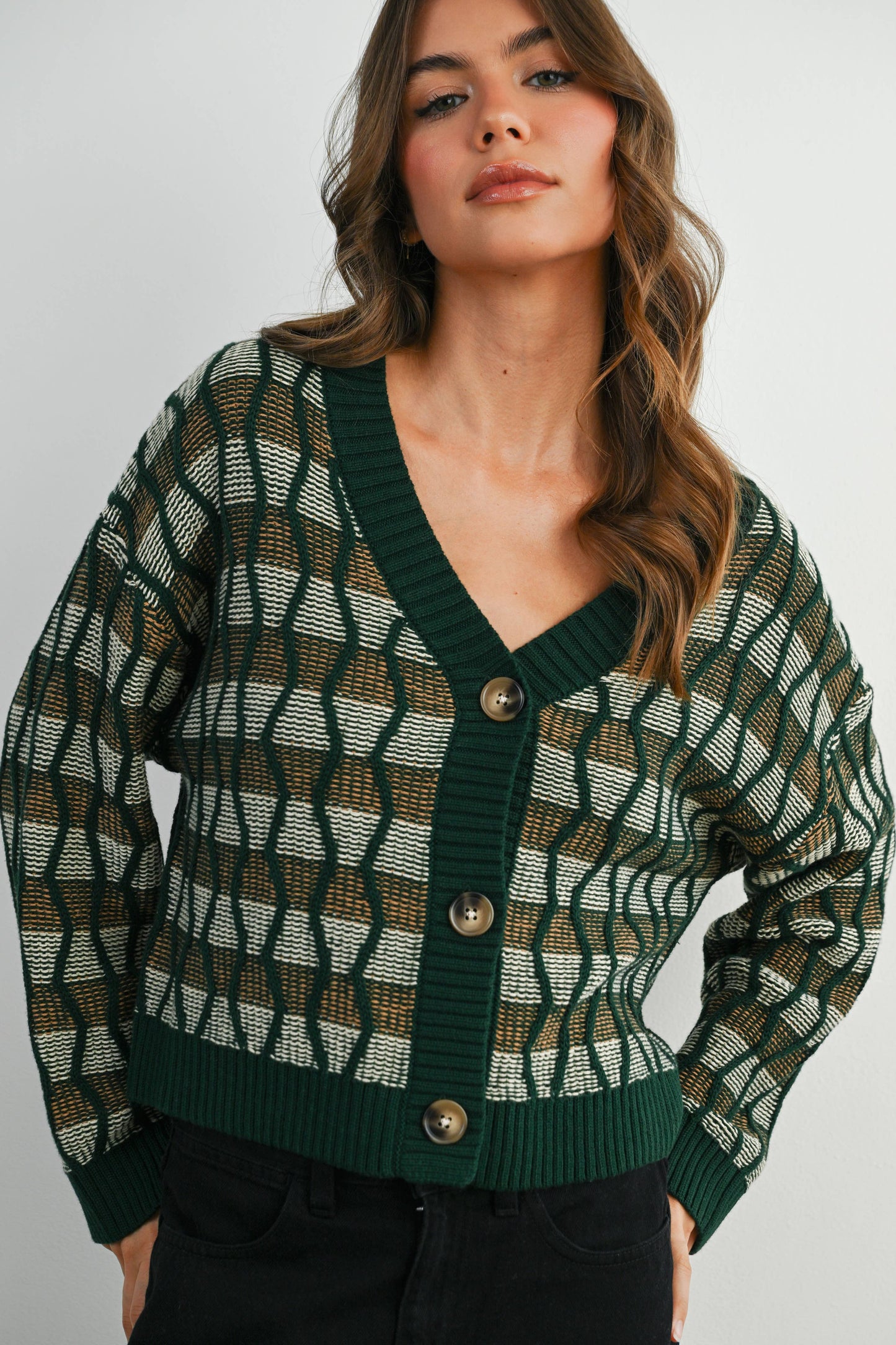 Geometric V-Neck Button-Down Long Sleeve Top
