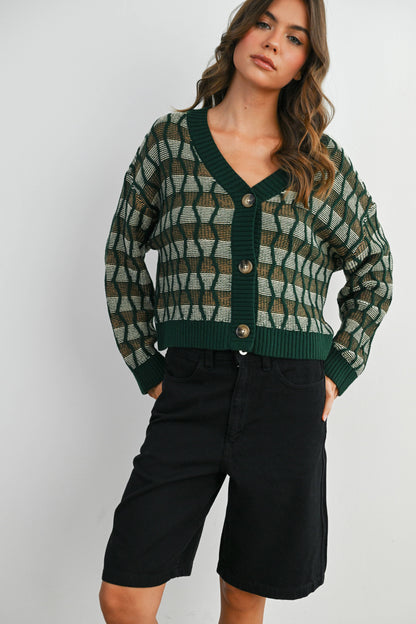 Geometric V-Neck Button-Down Long Sleeve Top