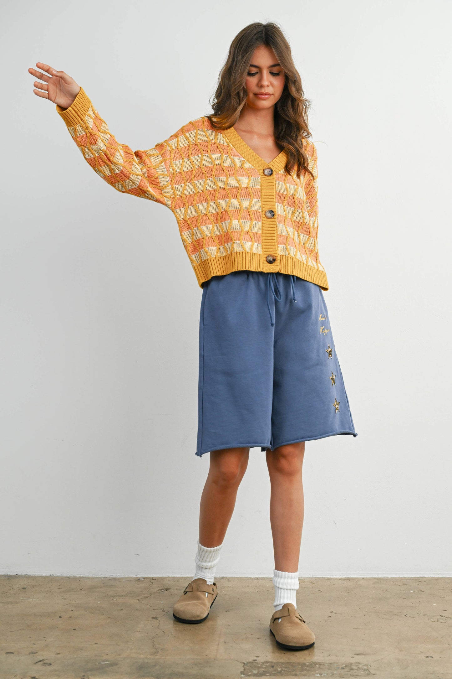 Geometric V-Neck Button-Down Long Sleeve Top