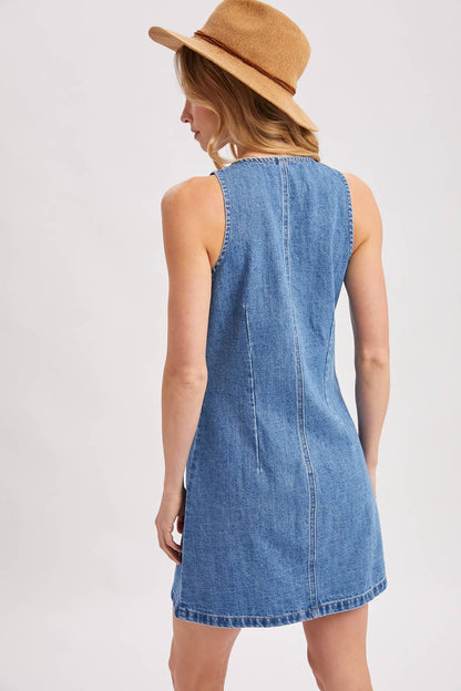 DENIM BUTTON DOWN SLEEVELESS MINI DRESS