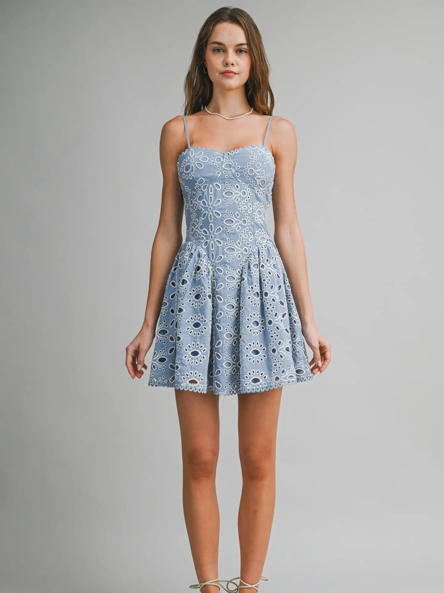 Eyelet Lace Mini Dress in Soft Blue