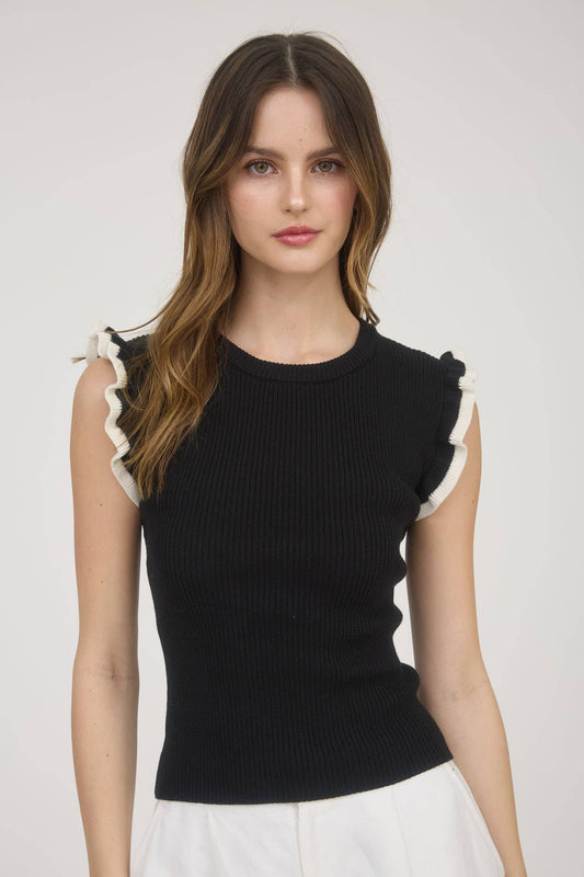 CONTRAST RUFFLE SLEEVE SWEATER KNIT TOP