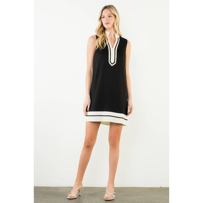 Sleeveless Split Neck Contrast Trim Dress