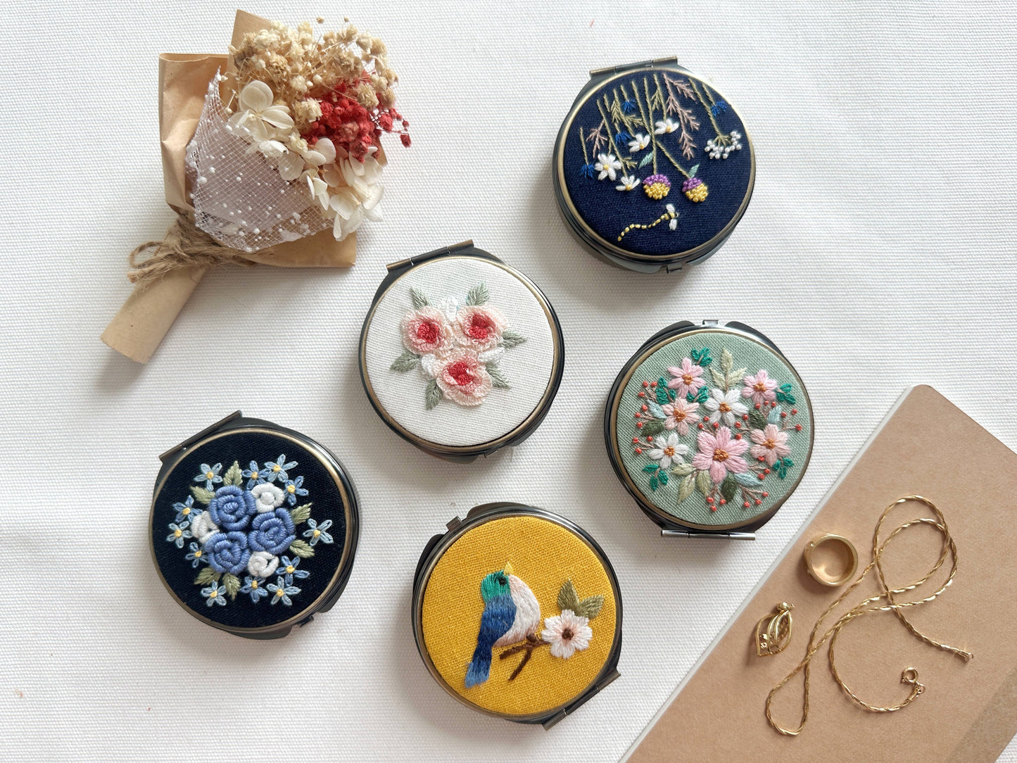 Floral Embroidered Round Compact