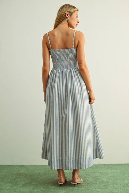 STRIPED FABRIC WITH SMOCKING TOP MAXI DRESS
