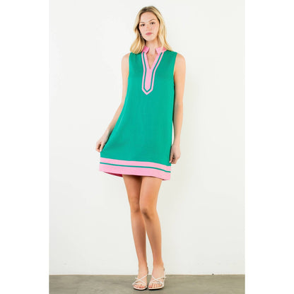 Sleeveless Split Neck Contrast Trim Dress