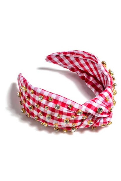 EMBELLISHED GINGHAM KNOTTED HEADBAND