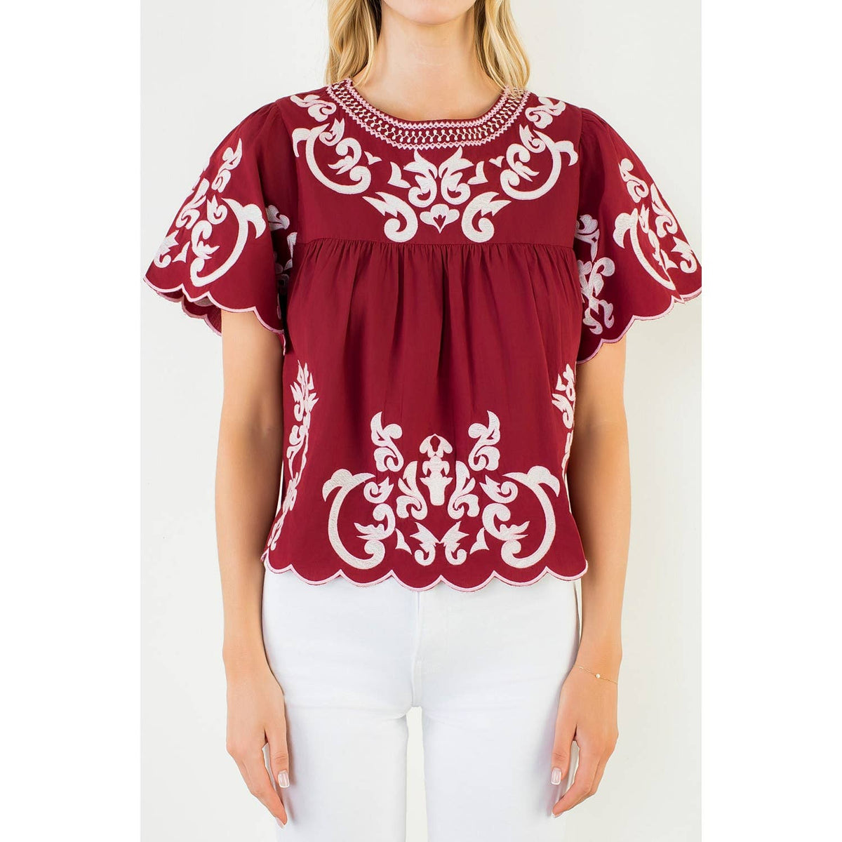 Flutter Sleeve Embroidery Detail Top