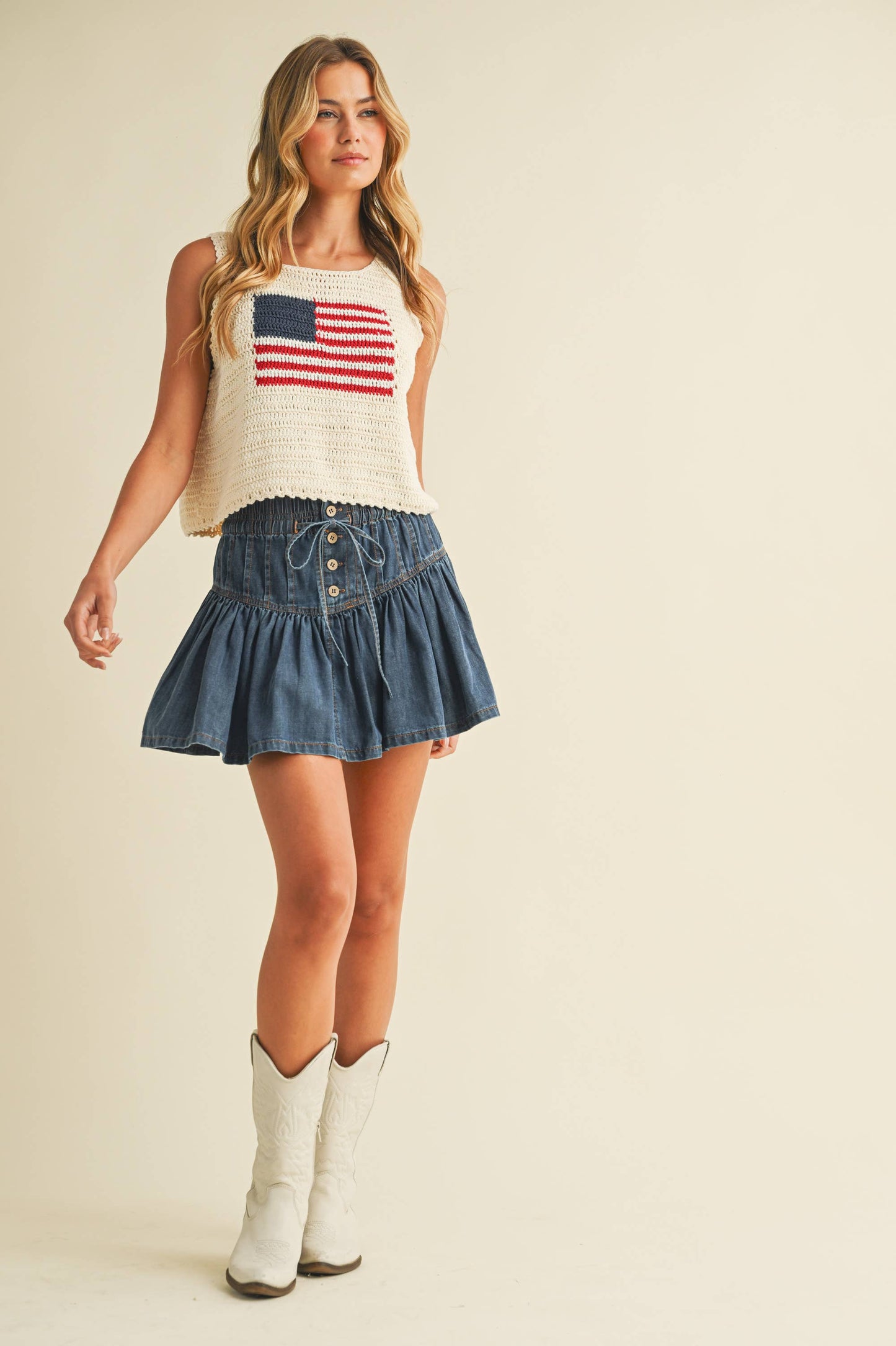 DENIM FLARED RUFFLE MINI SKIRT