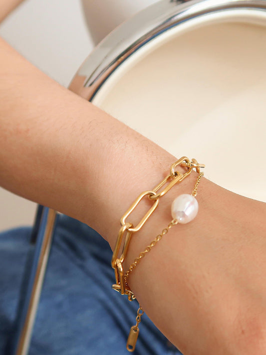 Stacked Chain Pearl Bracelet