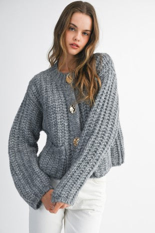 Chunky Knit Long Sleeve Gold Button Down Cardigan