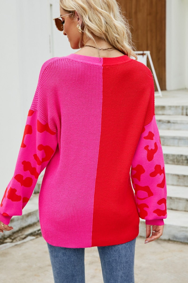 V-neck Color Block Long Sleeve Sweater Top