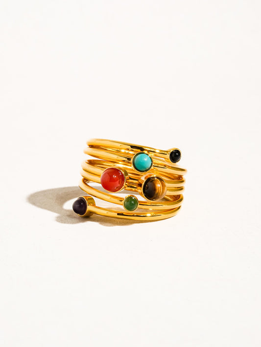 18k Gold Multi Color Stone Layered Ring