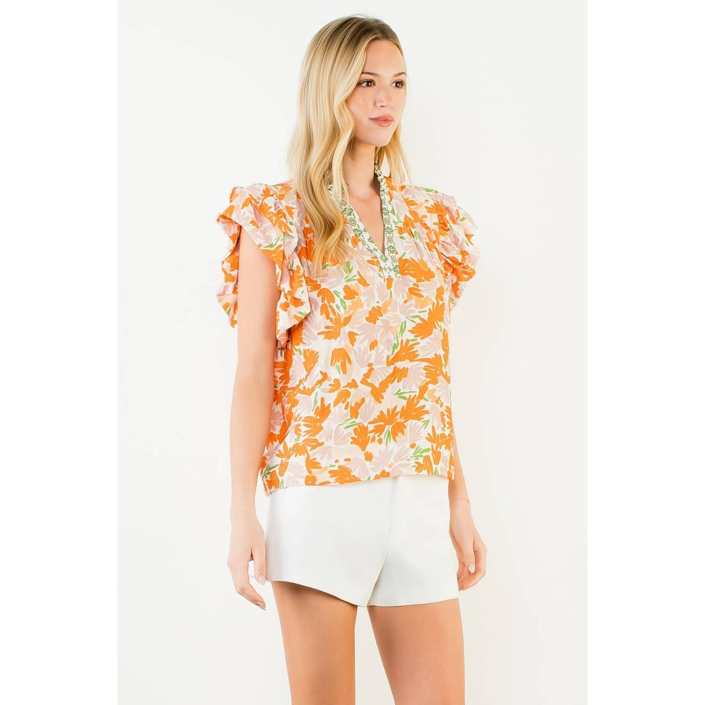 Flowy Sleeve Floral Print V-Neck Top