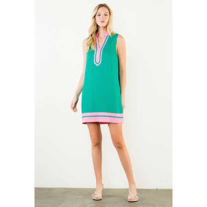 Sleeveless Split Neck Contrast Trim Dress