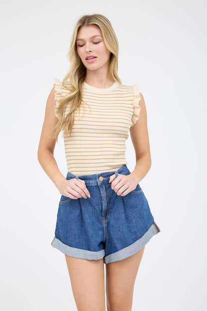 STRIPE RUFFLE TRIM SLEEVELESS PULLOVER SWEATER