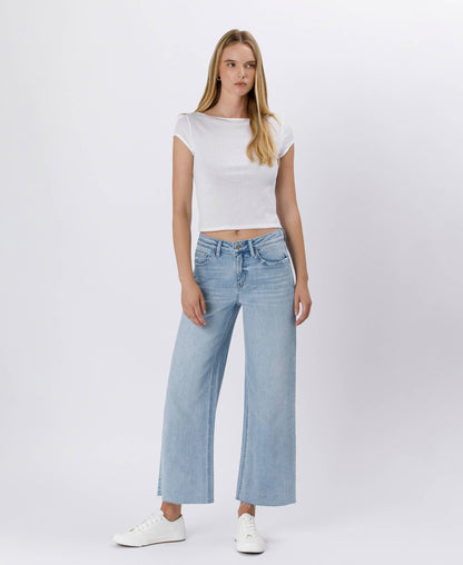 HIGH RISE LIGHT WASH RAW HEM WIDE LEG