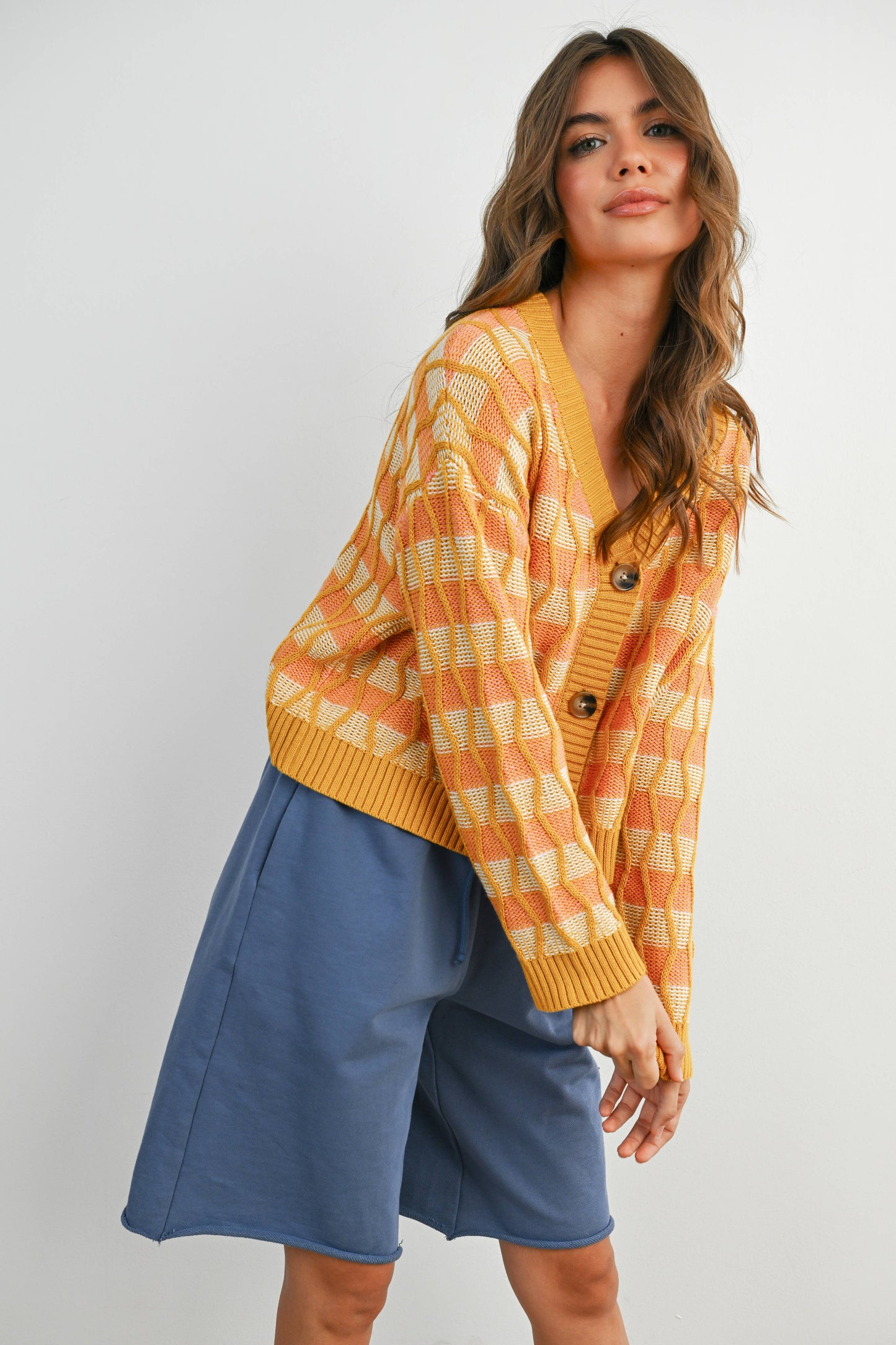 Geometric V-Neck Button-Down Long Sleeve Top