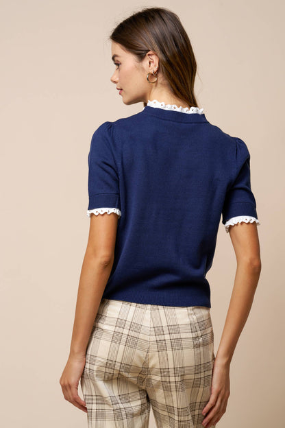 Lace Trim Mock Neck Knit Top
