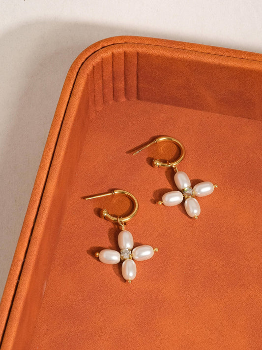 Chaleur Pearl Cross Hoops
