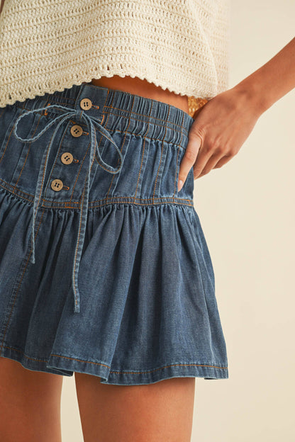 DENIM FLARED RUFFLE MINI SKIRT