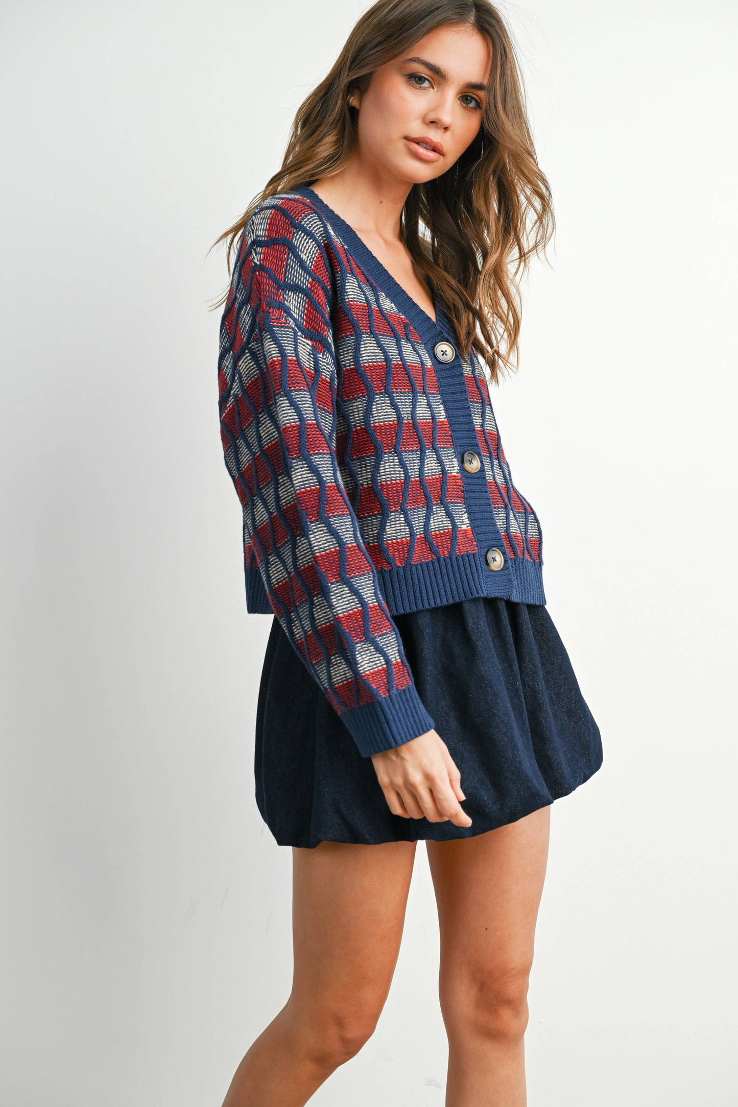 Geometric V-Neck Button-Down Long Sleeve Top