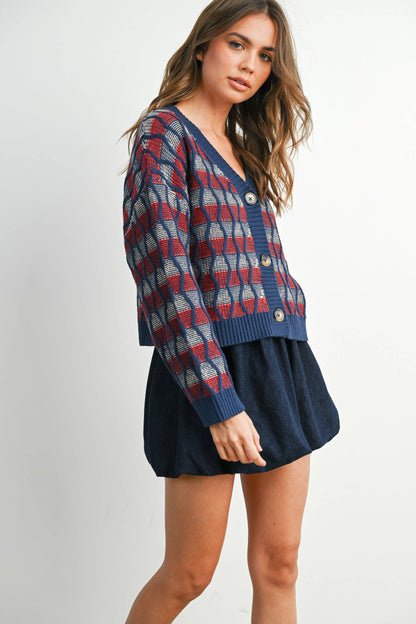Geometric V-Neck Button-Down Long Sleeve Top