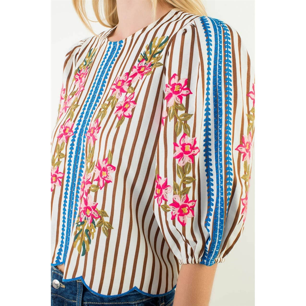 Puff Sleeve Striped Embroidery Detail Top