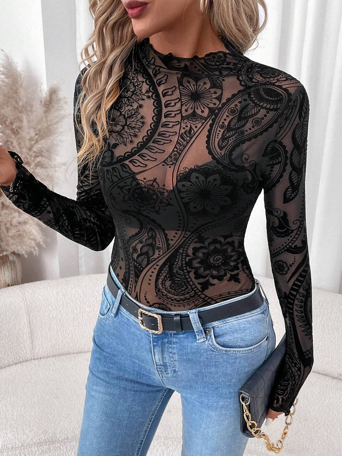 Velvet Print Mesh Top