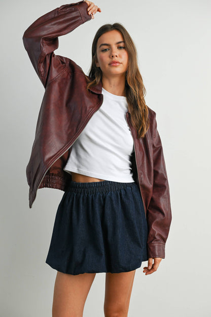 Collared Zip-Front Leather Jacket