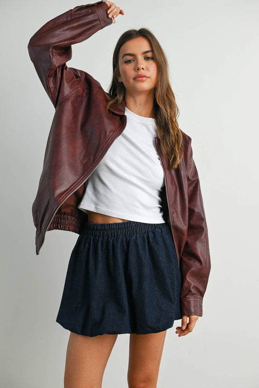 Collared Zip-Front Leather Jacket