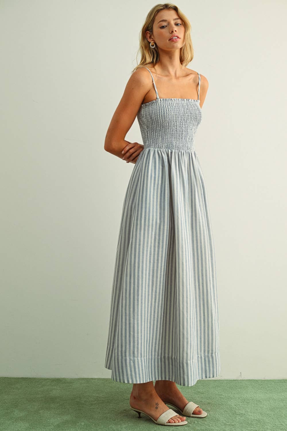 STRIPED FABRIC WITH SMOCKING TOP MAXI DRESS