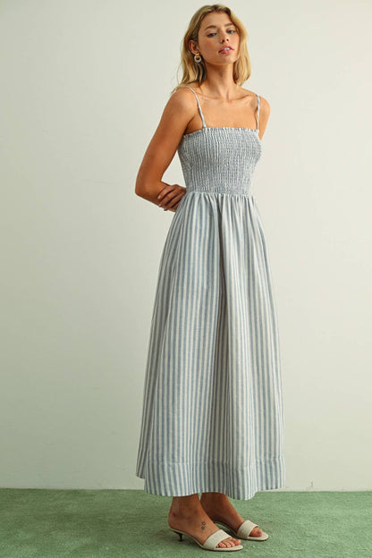 STRIPED FABRIC WITH SMOCKING TOP MAXI DRESS