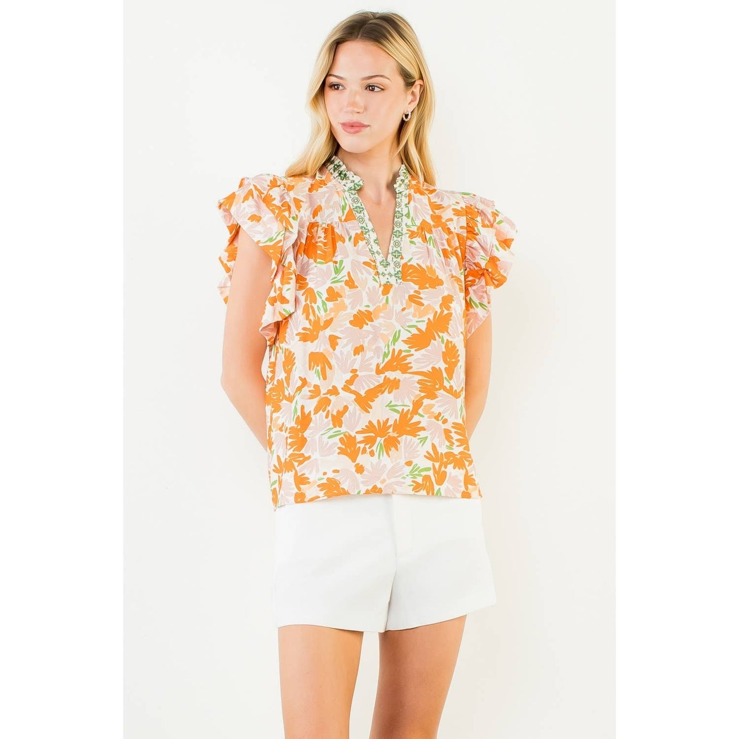 Flowy Sleeve Floral Print V-Neck Top