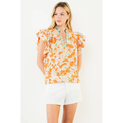 Flowy Sleeve Floral Print V-Neck Top