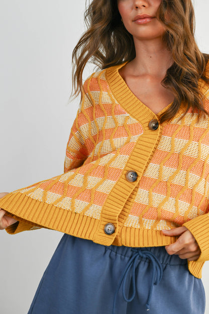 Geometric V-Neck Button-Down Long Sleeve Top