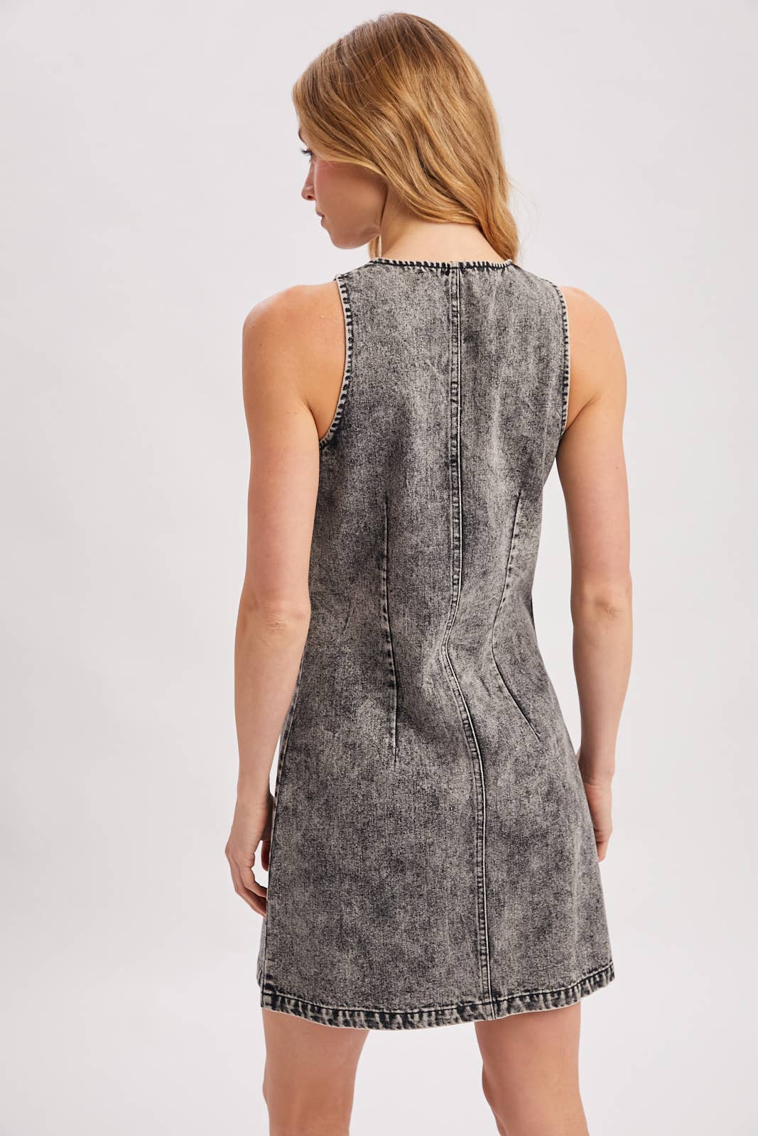 DENIM BUTTON DOWN SLEEVELESS MINI DRESS