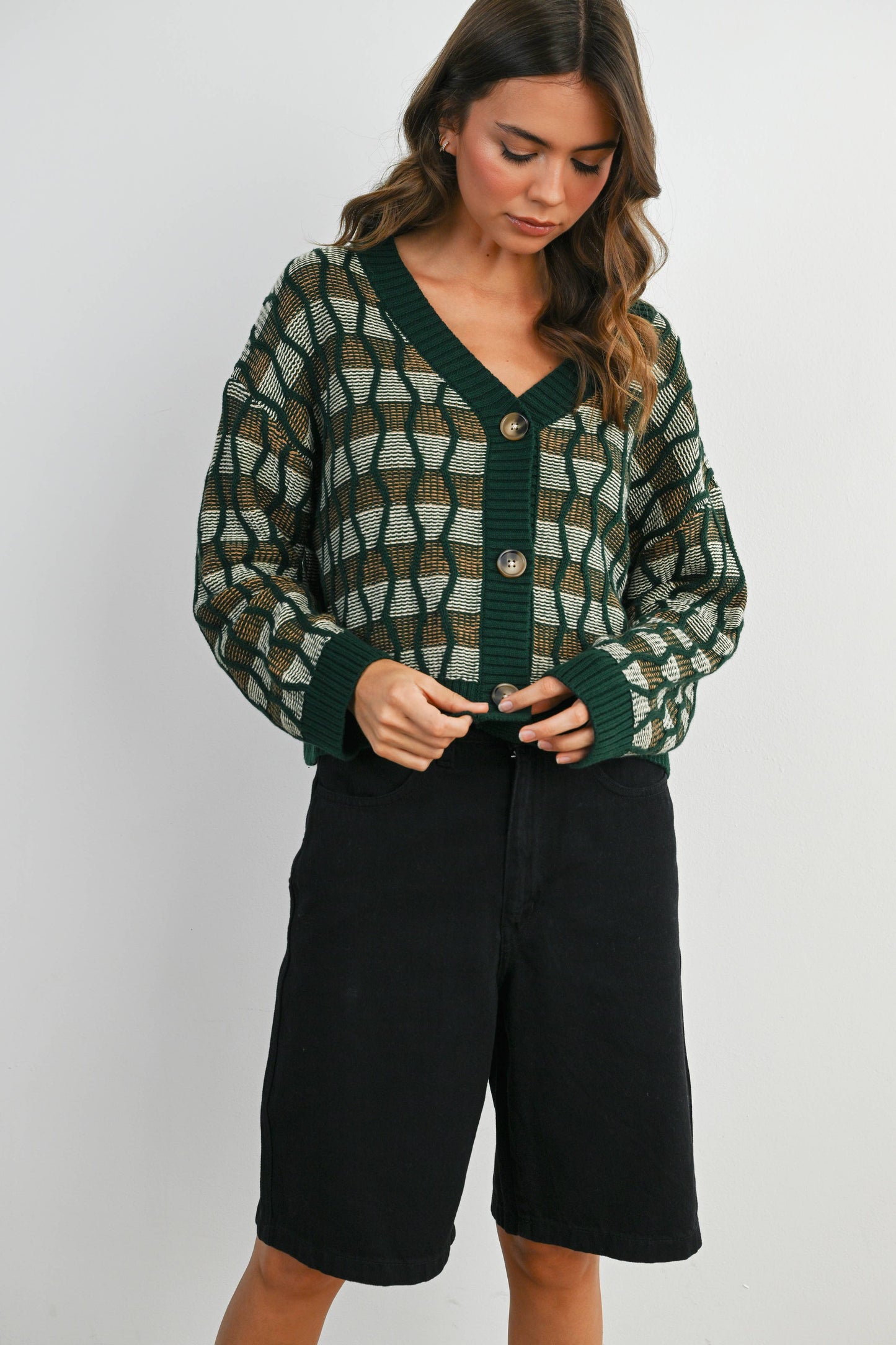 Geometric V-Neck Button-Down Long Sleeve Top