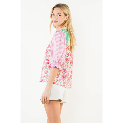 Short Sleeve Mixed Media V-Neck Top