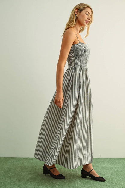 STRIPED FABRIC WITH SMOCKING TOP MAXI DRESS