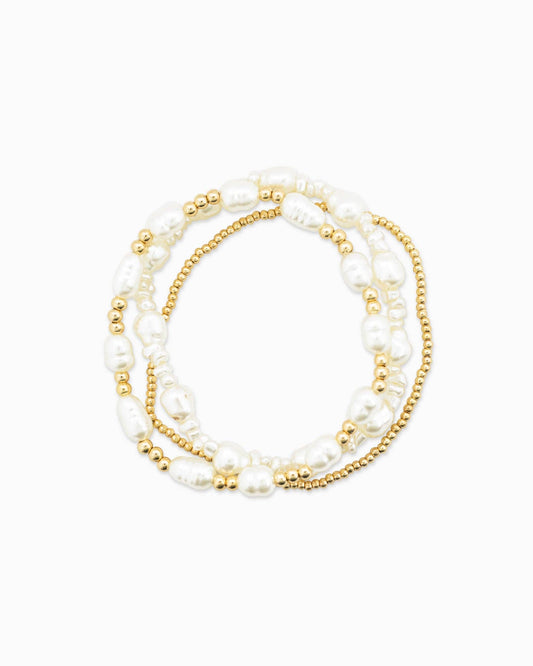 Pearl Gold Bead Mix Stretch Bracelet Set of 3
